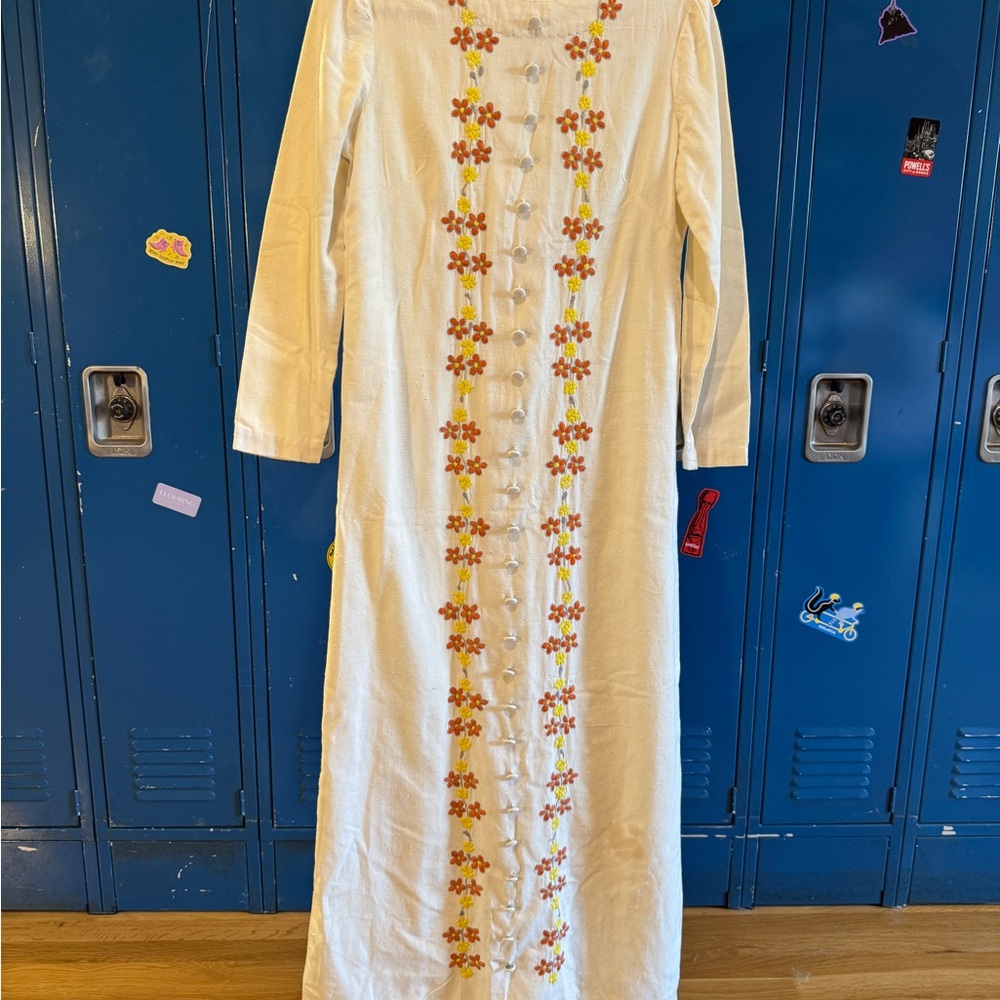 Vintage Mexican Cream Maxi Shift Dress with Floral Embroidery